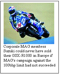 Text Box:  
Corporate MAG members Suzuki could never have sold their GSX-R1000 in Europe if MAG's campaign against the 100bhp limit had not succeeded
